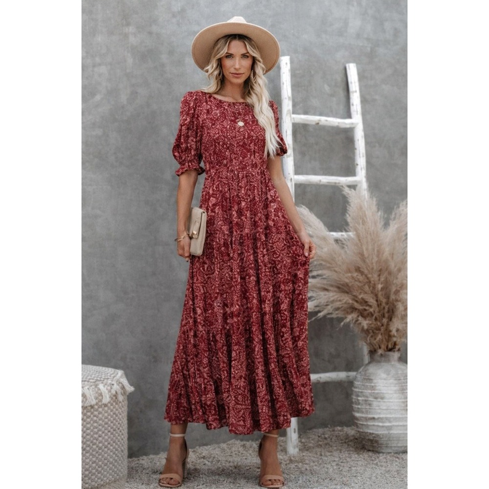 VICI Womens Rust Paisley Floral Smocked Tiered Maxi Dress Metallic Gold Thread M